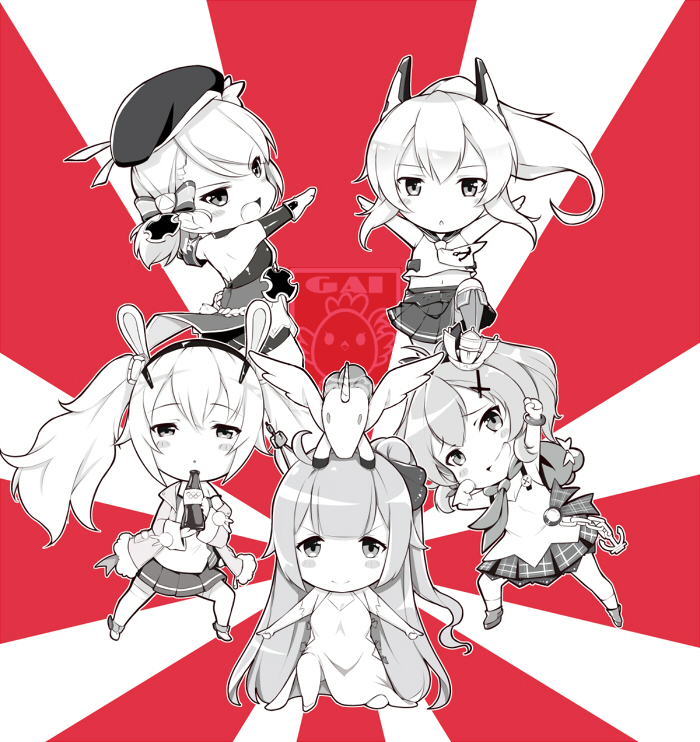 &gt;:) 5girls :d ahoge arm_up arms_up ayanami_(azur_lane) azur_lane bangs beret bottle bow bracelet chibi clenched_hand cola commentary crown detached_sleeves dress elbow_gloves english_commentary eyebrows_visible_through_hair eyes_visible_through_hair full_body gainoob ginyu_force_pose gloves hair_bow hair_bun hair_ornament hair_ribbon hairpin hat headgear holding holding_bottle iron_cross jacket javelin_(azur_lane) jewelry laffey_(azur_lane) long_hair long_sleeves looking_at_viewer midriff mini_crown multiple_girls navel one_side_up open_mouth outstretched_arms plaid plaid_skirt pleated_skirt ponytail pose raised_fist ribbon school_uniform serafuku short_hair side_bun sidelocks simple_background skirt smile soda_bottle spread_arms standing standing_on_one_leg stuffed_animal stuffed_toy stuffed_winged_unicorn thigh-highs twintails unicorn_(azur_lane) watermark z23_(azur_lane) zettai_ryouiki