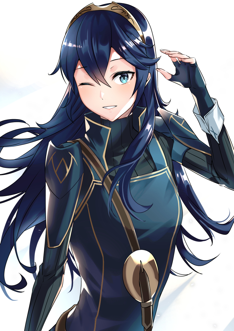 1girl ameno_(a_meno0) blue_eyes blue_hair cute fingerless_gloves fire_emblem fire_emblem:_kakusei fire_emblem_13 fire_emblem_awakening fire_emblem_heroes gloves hair_ornament intelligent_systems long_hair looking_at_viewer lucina_(fire_emblem) nintendo one_eye_closed smile tagme wink