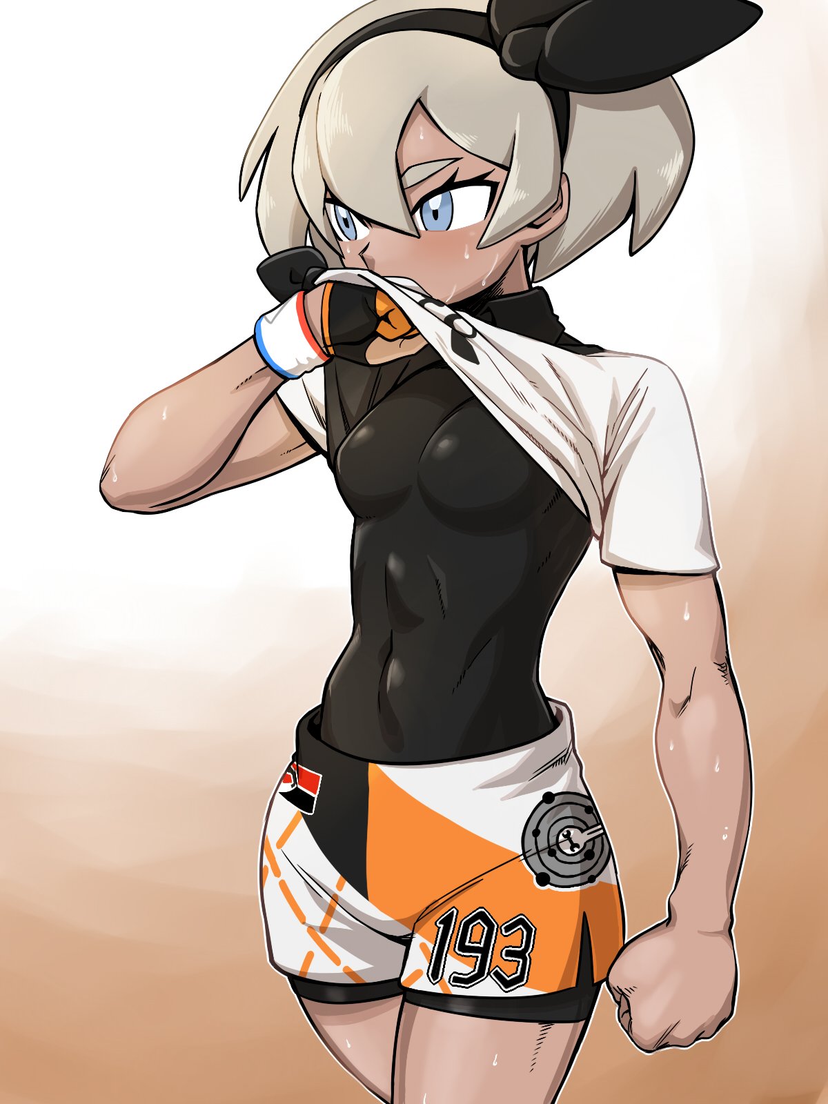 1girl bangs bea_(pokemon) black_bodysuit black_hairband blush bodysuit bodysuit_under_clothes bow_hairband breasts clenched_hand commentary_request covered_abs covered_navel dynamax_band gloves grey_eyes grey_hair gym_leader hair_between_eyes hairband highres korean_commentary lifted_by_self number nutkingcall outline partially_fingerless_gloves pokemon pokemon_(game) pokemon_swsh print_shorts shirt shirt_lift short_hair short_sleeves shorts side_slit side_slit_shorts single_glove solo sweat
