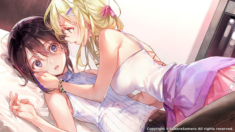 2girls bare_arms bare_shoulders bed black_hair blonde_hair blue_eyes bracelet camisole clothes_around_waist copyright dsmile dutch_angle eyebrows_visible_through_hair furutachi_ren girl_on_top hair_ornament hair_ribbon hand_on_another's_face hayahoshi_akuru jewelry long_hair medium_hair multiple_girls official_art on_bed oshi_no_love_yori_koi_no_love pink_ribbon pink_skirt purple_sweater ribbed_sweater ribbon skirt sleeveless_sweater sweat sweater sweater_around_waist white_camisole white_sweater yuri