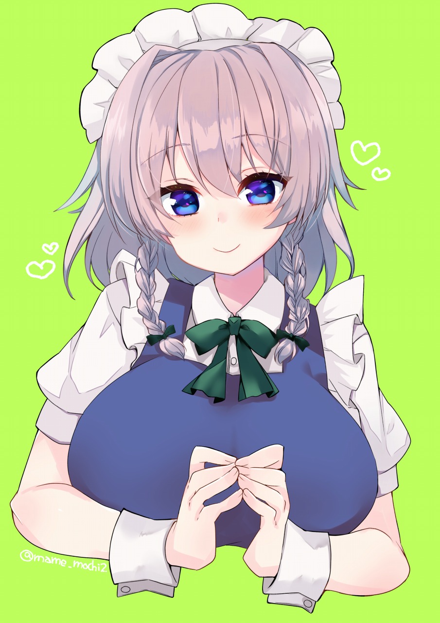 1girl artist_name bangs blue_dress blue_eyes blush bow bowtie braid breasts closed_mouth commentary_request cropped_torso dress eyebrows_visible_through_hair frills green_background green_bow green_neckwear hair_between_eyes hair_bow hair_ribbon heart highres izayoi_sakuya large_breasts looking_at_viewer maid_headdress mame._(mame_mochi) medium_hair puffy_short_sleeves puffy_sleeves ribbon short_sleeves side_braids silver_hair simple_background smile solo steepled_fingers touhou tress_ribbon twin_braids upper_body white_headwear wrist_cuffs