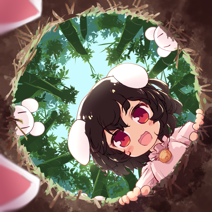 1girl animal_ears bamboo bamboo_forest blush_stickers brown_hair carrot_necklace day floppy_ears forest inaba inaba_tewi isu_(is88) looking_at_viewer nature open_mouth outdoors pink_shirt pitfall rabbit rabbit_ears red_eyes reisen_udongein_inaba shirt short_hair smile solo_focus touhou