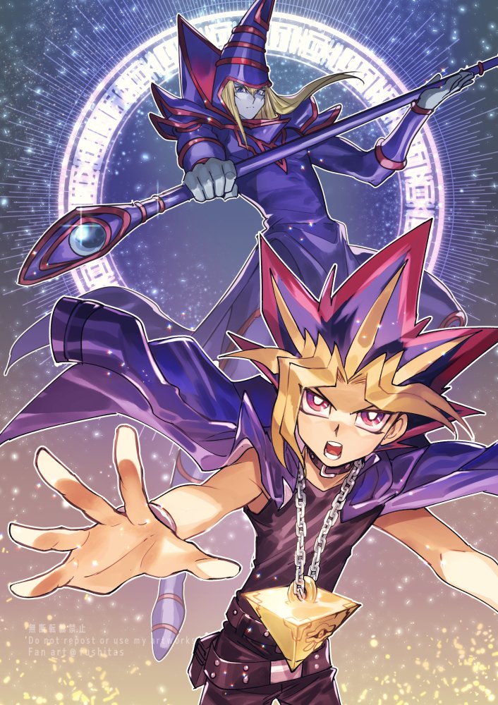 2boys belt blonde_hair bright_pupils chain_necklace collar commentary_request dark_magician fushitasu jacket jacket_on_shoulders looking_at_viewer male_focus millennium_puzzle multiple_boys open_mouth outline pants purple_hair repost_notice shirt spiky_hair spread_fingers teeth tongue violet_eyes watermark white_pupils yami_yuugi yu-gi-oh! yu-gi-oh!_duel_monsters