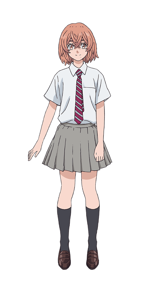 1girl bangs black_legwear brown_eyes crossed_bangs full_body grey_skirt hair_between_eyes kneehighs loafers looking_at_viewer medium_hair mole mole_under_mouth necktie official_art orange_hair pleated_skirt school_uniform shoes skirt smile solo straight-on tachi-e tachibana_hinata_(tokyo_revengers) tokyo_revengers transparent_background younger