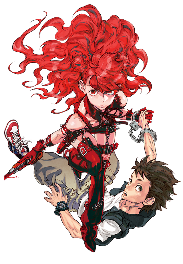 1boy 1girl bangs boots brown_eyes brown_hair cargo_shorts cuffs detached_collar double_bun fishnets floating_hair flower gloves handcuffs holding holding_hands holding_weapon long_hair looking_at_viewer new_full-scale_magic_girl_liska nishimura_kinu official_art open_mouth photoshop_(medium) red_eyes red_flower red_gloves redhead shirt shoes short_sleeves shorts simple_background sleeveless sleeveless_jacket sneakers t-shirt thigh-highs thigh_boots watch watch weapon white_background white_shirt