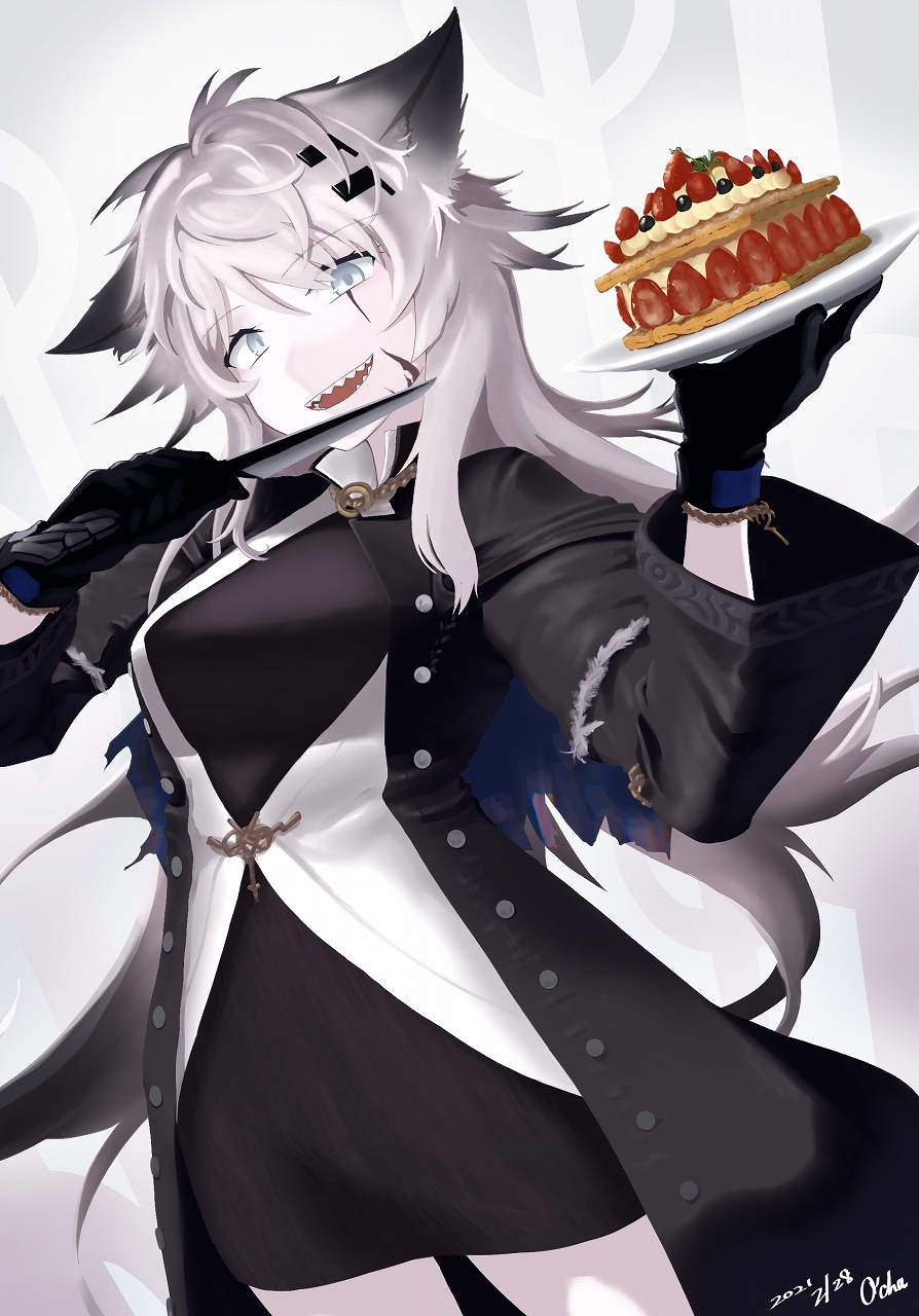 1girl :d animal_ears arknights black_coat black_dress black_gloves breasts chain coat commentary_request cowboy_shot dress eyebrows_visible_through_hair food gloves grey_eyes hair_between_eyes hair_ornament hairclip highres holding holding_knife holding_plate jacket jewelry kemomimiochanu kitchen_knife knife lappland_(arknights) lappland_(refined_horrormare)_(arknights) long_hair looking_at_viewer necklace official_alternate_costume open_mouth parted_lips plate scar scar_across_eye sharp_teeth short_dress silver_hair small_breasts smile solo standing strawberry_shortcake teeth white_jacket