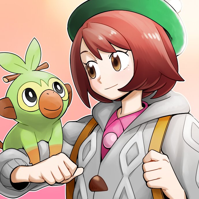 1girl bangs blush bob_cut brown_eyes brown_hair buttons cardigan clenched_hand closed_mouth collared_dress commentary_request dress eyelashes gen_8_pokemon gloria_(pokemon) green_headwear grey_cardigan grookey hat holding_strap hooded_cardigan korean_commentary nutkingcall outline pink_dress pokemon pokemon_(creature) pokemon_(game) pokemon_on_arm pokemon_swsh short_hair smile starter_pokemon tam_o'_shanter