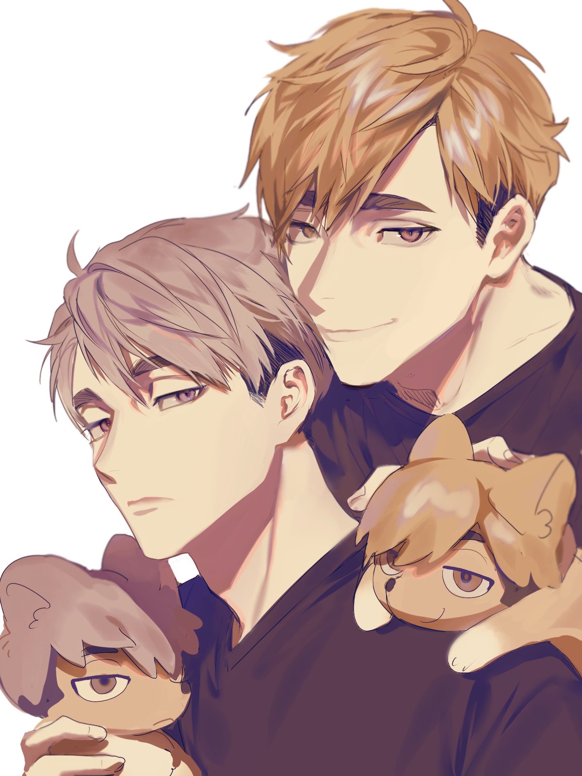 2boys animal_ears animalization black_shirt blonde_hair brothers expressionless eyebrows fox fox_ears grey_hair haikyuu!! half-closed_eyes highres korean_commentary looking_at_viewer male_focus mgmg_1012 miya_atsumu miya_osamu multicolored_hair multiple_boys shirt short_hair siblings simple_background smile twins two-tone_hair upper_body white_background