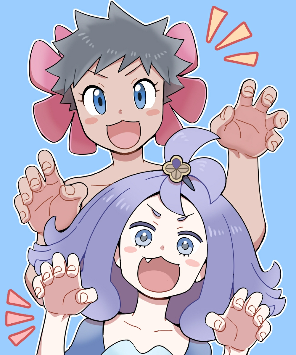 2girls :d acerola_(pokemon) bangs blue_background blush_stickers claw_pose collarbone commentary dress eyelashes fang grey_hair hair_ornament hands_up highres looking_at_viewer medium_hair multiple_girls nutkingcall open_mouth outline phoebe_(pokemon) pokemon pokemon_(game) pokemon_rse pokemon_sm purple_hair short_hair simple_background smile spiky_hair tongue v-shaped_eyebrows