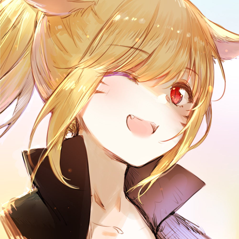 1girl ;d animal_ears bangs black_jacket blonde_hair blue_background brown_background cat_ears collarbone eyebrows_visible_through_hair facial_mark fang final_fantasy final_fantasy_xiv gradient gradient_background hair_over_one_eye high_collar jacket long_hair looking_at_viewer maya_g miqo'te one_eye_closed open_mouth ponytail portrait red_eyes slit_pupils smile solo