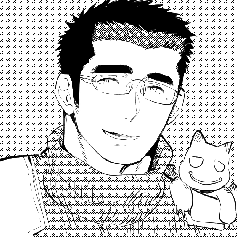 1boy creature cutiebell facial_hair glasses greyscale long_sideburns male_focus master_3_(tokyo_houkago_summoners) monochrome shiro_(tokyo_houkago_summoners) short_hair sideburns smile solo spiky_hair thick_eyebrows tokyo_houkago_summoners