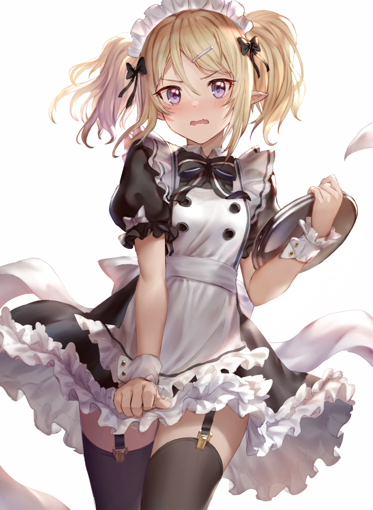 1girl 77gl black_bow black_legwear blonde_hair bow copyright_request garter_straps hair_bow hair_ornament hairclip holding holding_plate looking_at_viewer maid maid_headdress open_mouth plate pointy_ears puffy_short_sleeves puffy_sleeves short_hair short_sleeves simple_background solo thigh-highs twintails violet_eyes wavy_mouth white_background