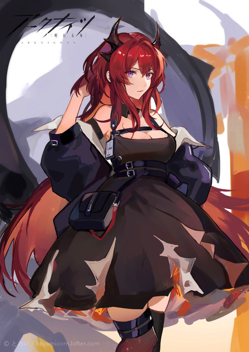 1girl arknights bag bare_shoulders demon_girl demon_horns dress hayamicorn horns image_sample jacket kneehighs lofter_sample long_hair looking_at_viewer redhead solo surtr_(arknights)