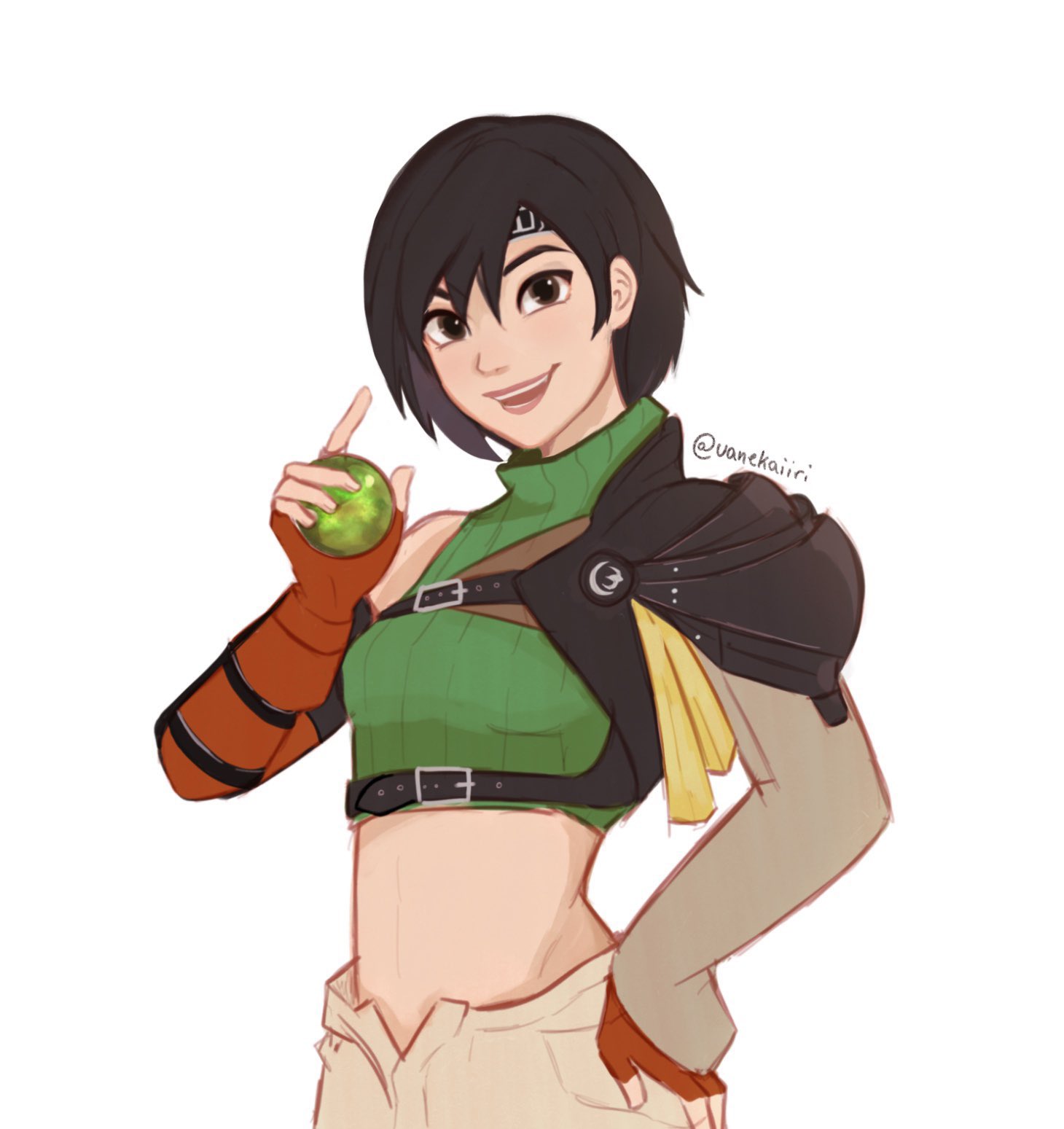 1girl armor artist_name bangs black_hair brown_eyes commentary cowboy_shot crop_top cropped_sweater english_commentary final_fantasy final_fantasy_vii final_fantasy_vii_remake fingerless_gloves gloves green_sweater hand_on_hip headband highres holding index_finger_raised looking_at_viewer materia midriff open_fly open_mouth orange_gloves ribbed_sweater short_hair simple_background sleeveless sleeveless_turtleneck smile solo standing sweater turtleneck turtleneck_sweater twitter_username vanekairi white_background yuffie_kisaragi