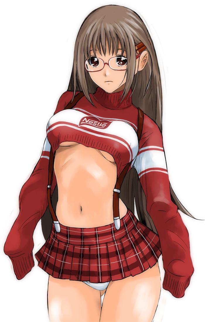1girl ass_visible_through_thighs bangs breasts brown_eyes brown_hair closed_mouth copyright_request cowboy_shot crop_top glasses hair_between_eyes long_hair long_sleeves looking_at_viewer medium_breasts microskirt midriff miniskirt navel nestle panties plaid plaid_skirt pleated_skirt red-framed_eyewear red_skirt red_sweater ryouzou shiny shiny_hair simple_background skirt sleeves_past_fingers sleeves_past_wrists solo standing stomach straight_hair suspender_skirt suspenders sweater thigh_gap under_boob underwear very_long_hair white_background white_panties