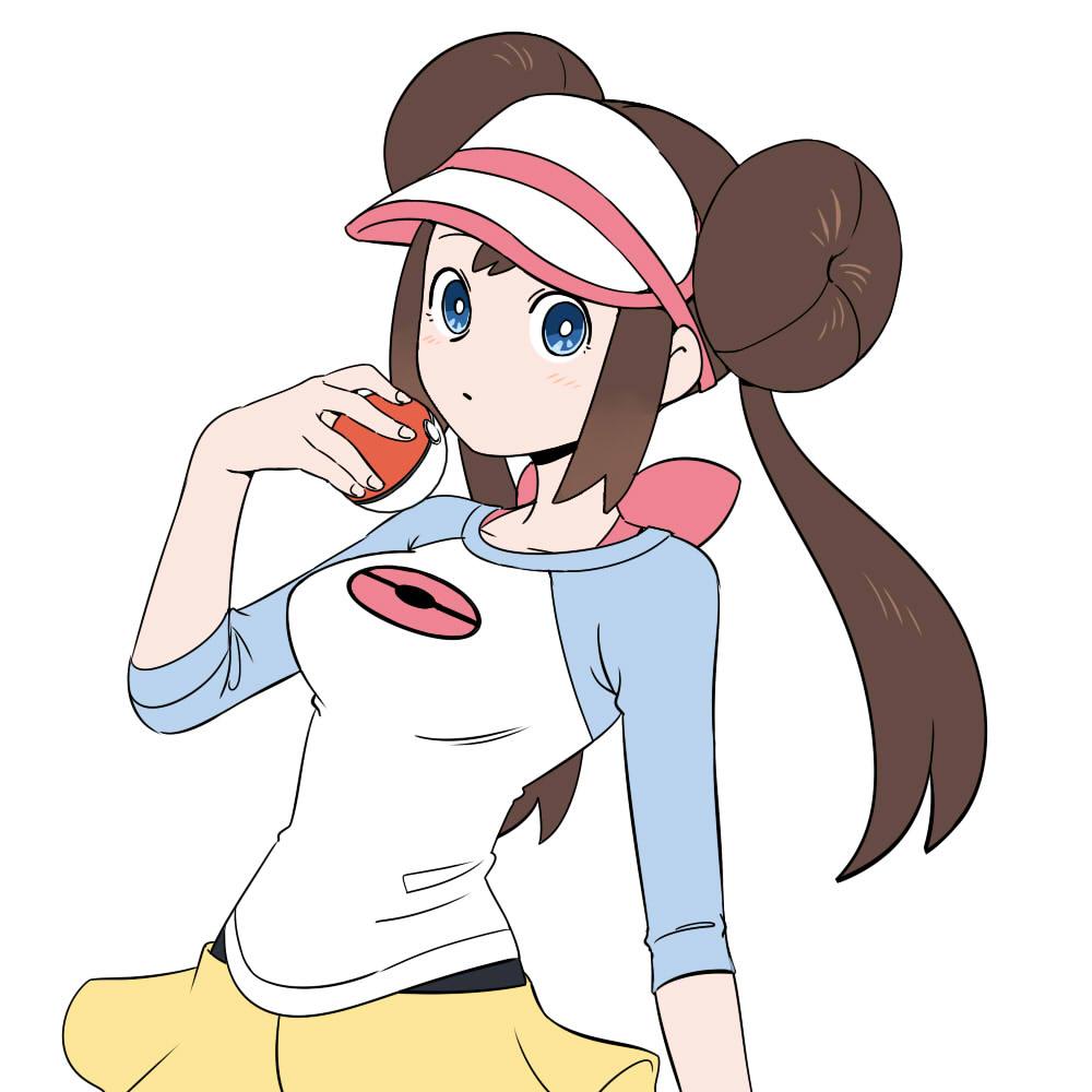 1girl bangs black_legwear blue_eyes blush bow breasts brown_hair closed_mouth collarbone commentary_request double_bun fingernails hand_up holding holding_poke_ball korean_commentary legwear_under_shorts long_hair nutkingcall pantyhose pink_bow poke_ball poke_ball_(basic) pokemon pokemon_(game) pokemon_bw2 raglan_sleeves rosa_(pokemon) shirt short_shorts shorts sidelocks simple_background sleeves_past_elbows solo twintails visor_cap white_background yellow_shorts