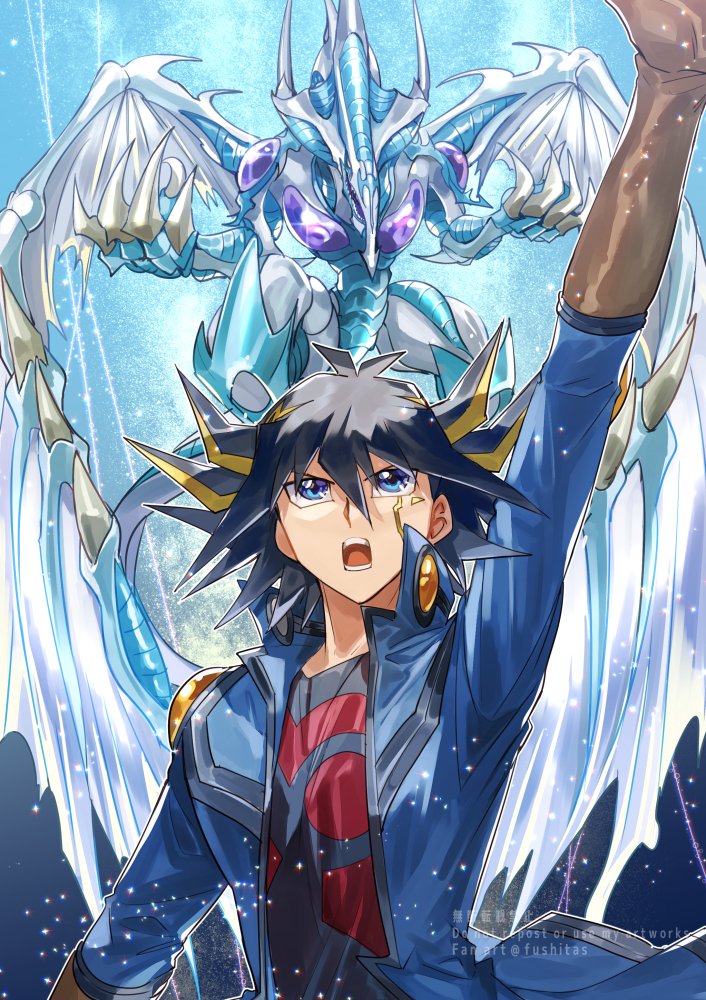 1boy antenna_hair arm_up bangs black_hair black_shirt blue_coat blue_eyes brown_gloves character_request coat commentary_request duel_monster fushitasu gloves hair_between_eyes looking_up male_focus open_clothes open_coat open_mouth repost_notice shirt teeth tongue upper_body watermark yu-gi-oh!