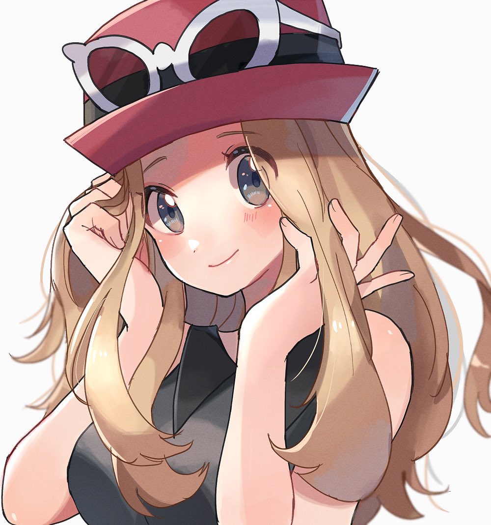 1girl black_shirt blonde_hair blush breasts closed_mouth collared_shirt commentary_request eyelashes grey_eyes hands_in_hair hat long_hair looking_at_viewer pokemon pokemon_(game) pokemon_xy red_headwear ririmon serena_(pokemon) shirt simple_background sleeveless sleeveless_shirt smile solo sunglasses upper_body white-framed_eyewear white_background