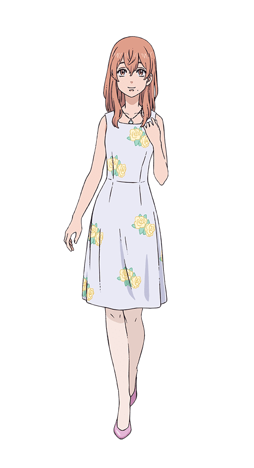 1girl brown_eyes dress full_body hair_between_eyes jewelry long_hair looking_at_viewer mole mole_under_mouth necklace official_art orange_hair smile solo straight-on tachi-e tachibana_hinata_(tokyo_revengers) tokyo_revengers transparent_background