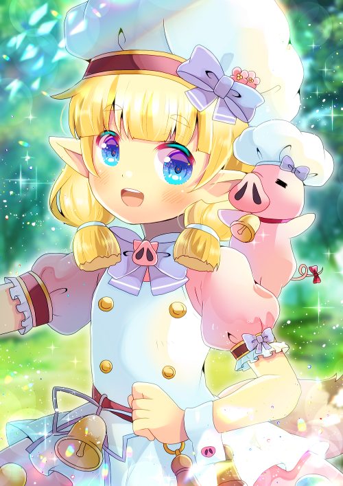 1girl :d animal bangs bell blonde_hair blue_eyes blurry blurry_background blush bow character_request chef_hat depth_of_field dress eyebrows_visible_through_hair hat iris_mysteria! kouu_hiyoyo looking_at_viewer neck_bell open_mouth pig pink_dress pointy_ears puffy_short_sleeves puffy_sleeves purple_bow red_bow short_sleeves smile solo sparkle tail tail_bow tail_ornament thick_eyebrows upper_teeth white_headwear wrist_cuffs