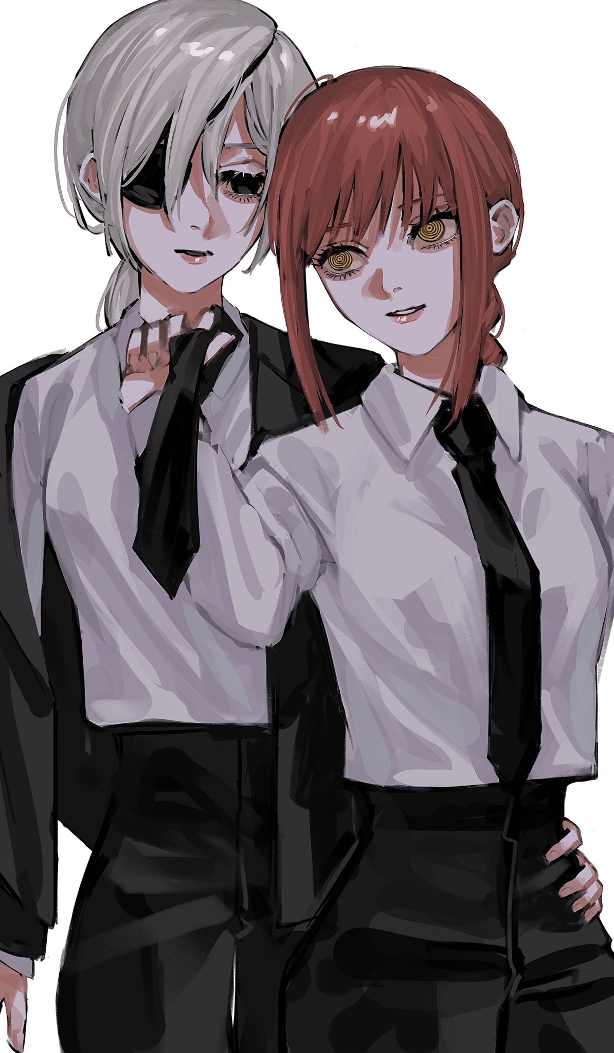 2girls bangs black_eyepatch black_eyes black_neckwear black_pants black_suit braid braided_ponytail breasts brown_hair business_suit chainsaw_man collared_shirt couple eyelashes eyepatch fingernails formal hair_between_eyes hand_on_another's_hip height_difference highres holding_neckwear long_hair long_sleeves looking_at_another makima_(chainsaw_man) medium_breasts multiple_girls neckwear_grab office_lady pants pulling quanxi_(chainsaw_man) removing_jacket ringed_eyes romance shirt shirt_tucked_in silver_hair suit ulov390 white_shirt wife_and_wife yellow_eyes yuri