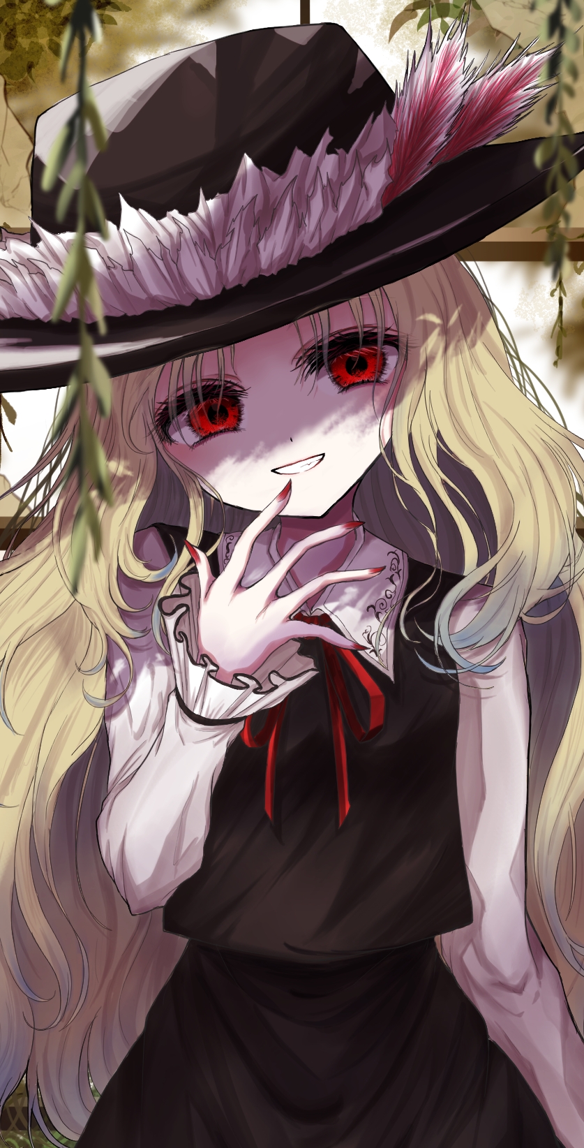 1girl bangs black_headwear black_skirt black_vest blonde_hair blurry blurry_background blurry_foreground breasts cowboy_shot depth_of_field dolls_in_pseudo_paradise eyebrows_visible_through_hat fingernails flower frills grin hand_to_own_mouth hat head_tilt highres jacket_girl_(dipp) kayon_(touzoku) long_hair long_sleeves looking_at_viewer nail_polish plant purple_flower red_eyes red_nails red_neckwear red_ribbon ribbon sharp_fingernails sinister skirt small_breasts smile solo standing touhou very_long_hair vest vines window