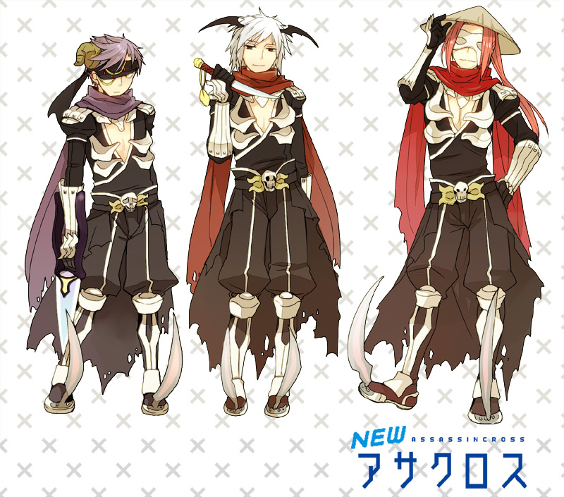 3boys armor armored_boots assassin_cross_(ragnarok_online) bangs black_blindfold black_cape black_pants black_shirt blindfold boots cape closed_mouth commentary_request dagger demon_wings full_body gauntlets hat holding holding_dagger holding_weapon horns jamadhar long_hair looking_at_viewer male_focus mask multiple_boys negi_mugiya open_clothes open_shirt pants pauldrons purple_hair purple_scarf ragnarok_online red_scarf redhead rice_hat scarf shirt short_hair shoulder_armor skull smile torn_cape torn_clothes torn_scarf waist_cape weapon white_hair wings