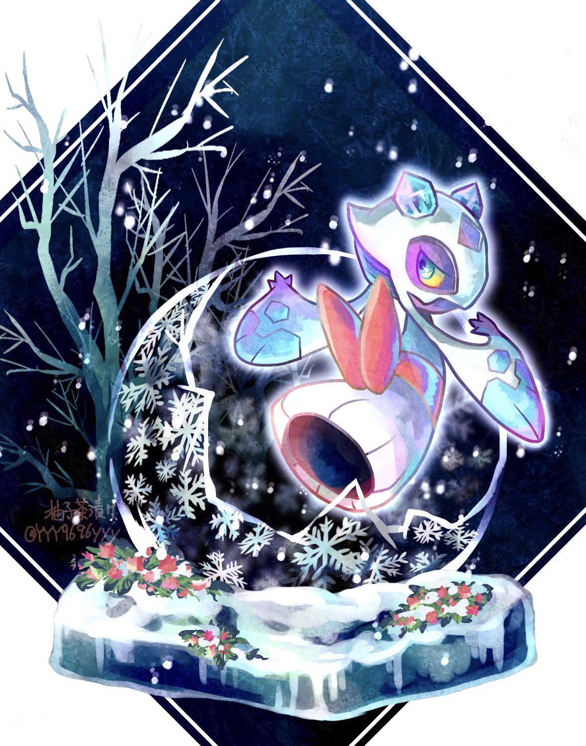 bare_tree blue_eyes closed_mouth colored_sclera commentary_request floating froslass gen_4_pokemon hands_up highres looking_back no_humans pokemon pokemon_(creature) snow snowflakes snowing solo tree yellow_sclera yyy9696yyy