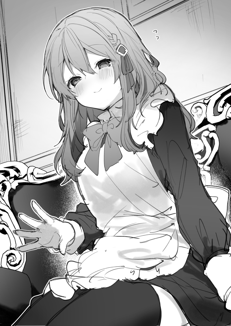 1girl apron blush closed_mouth couch dress flying_sweatdrops greyscale hair_between_eyes hair_ornament ikeuchi_tanuma lap_pillow_invitation long_hair long_sleeves looking_at_viewer maid monochrome on_couch original sitting smile solo thigh-highs