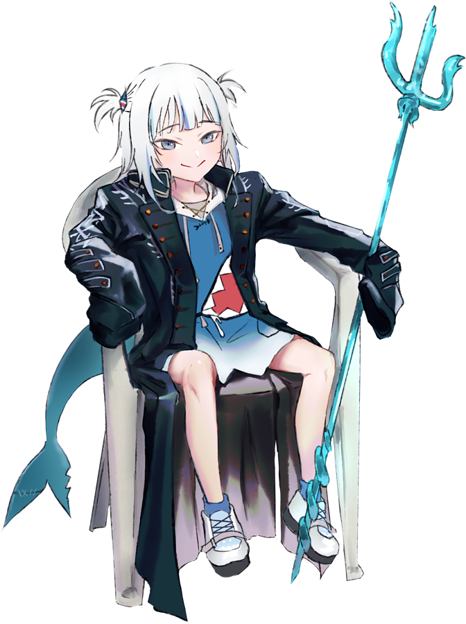 1girl bangs bare_legs black_coat blue_hair blue_hoodie coat cosplay devil_may_cry devil_may_cry_5 eyebrows_visible_through_hair fish_tail full_body gawr_gura hair_ornament holding holding_weapon hololive hololive_english hood hoodie long_sleeves meme mr.holmes multicolored_hair open_clothes open_coat parody polearm shark_hair_ornament shark_tail shoes silver_hair sitting smile solo streaked_hair tail transparent_background trident two_side_up vergil vergil_(cosplay) virtual_youtuber weapon white_footwear