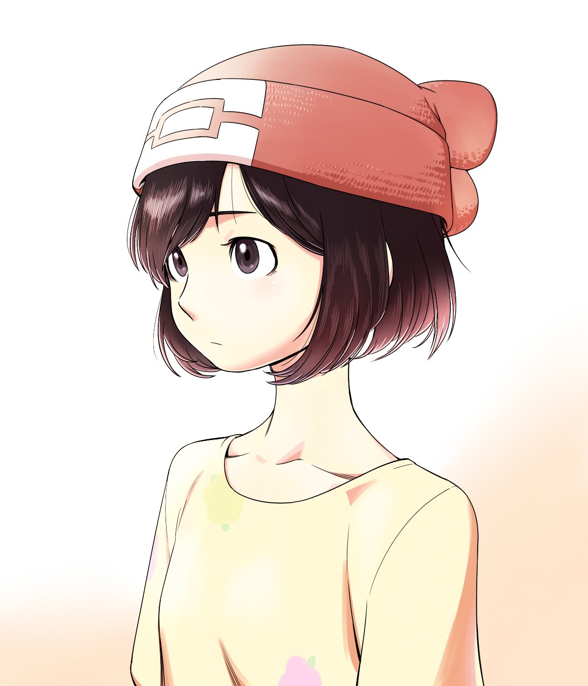 1girl bangs beanie brown_hair closed_mouth collarbone commentary_request floral_print hat highres korean_commentary nutkingcall pokemon pokemon_(game) pokemon_sm red_headwear selene_(pokemon) shirt short_hair solo t-shirt upper_body yellow_shirt