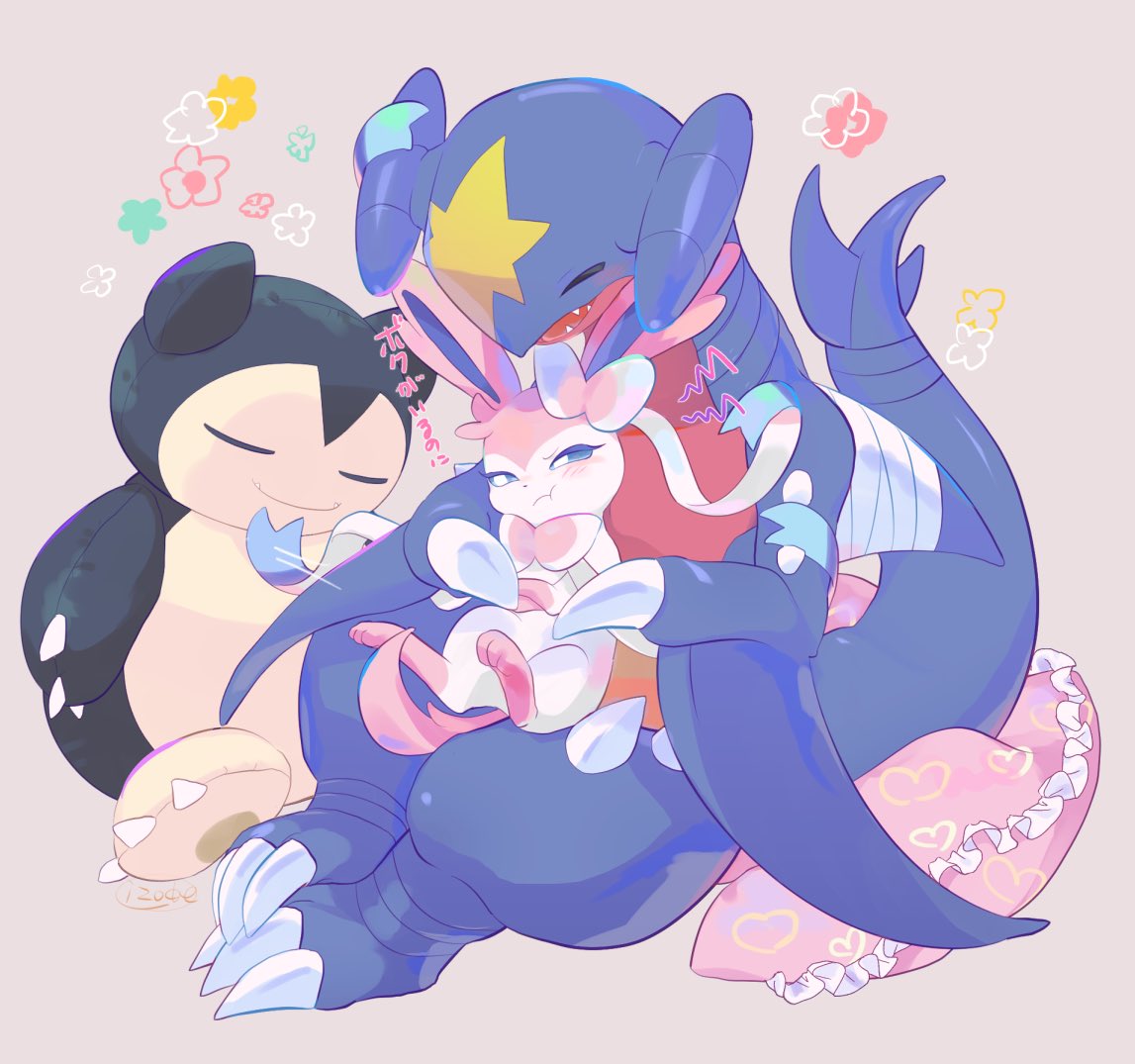 :t bandages blue_eyes blush closed_eyes closed_mouth commentary_request cushion fangs frills garchomp gen_1_pokemon gen_4_pokemon gen_6_pokemon heart izobe motion_lines no_humans open_mouth paws pokemon pokemon_(creature) sitting smile snorlax sylveon toes