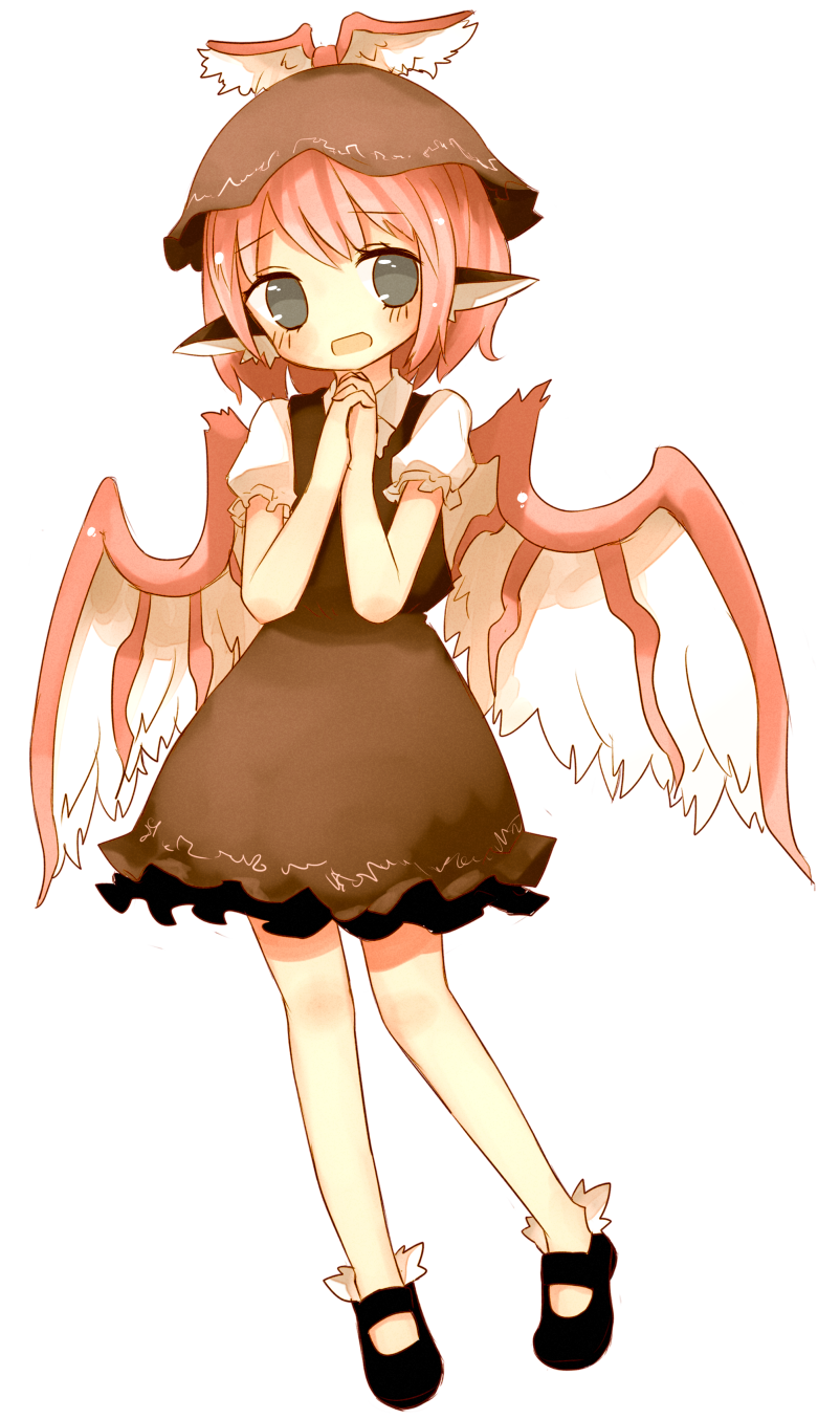 1girl animal_ears bangs bird_wings black_eyes black_footwear blush brown_dress brown_headwear commentary_request cookie_(touhou) dress eyebrows_visible_through_hair feathered_wings full_body hat highres looking_at_viewer miyako_(naotsugu) mob_cap msta_(cookie) mystia_lorelei open_mouth own_hands_together pink_hair puffy_short_sleeves puffy_sleeves shirt shoes short_hair short_sleeves solo touhou transparent_background white_shirt white_wings winged_hat wings