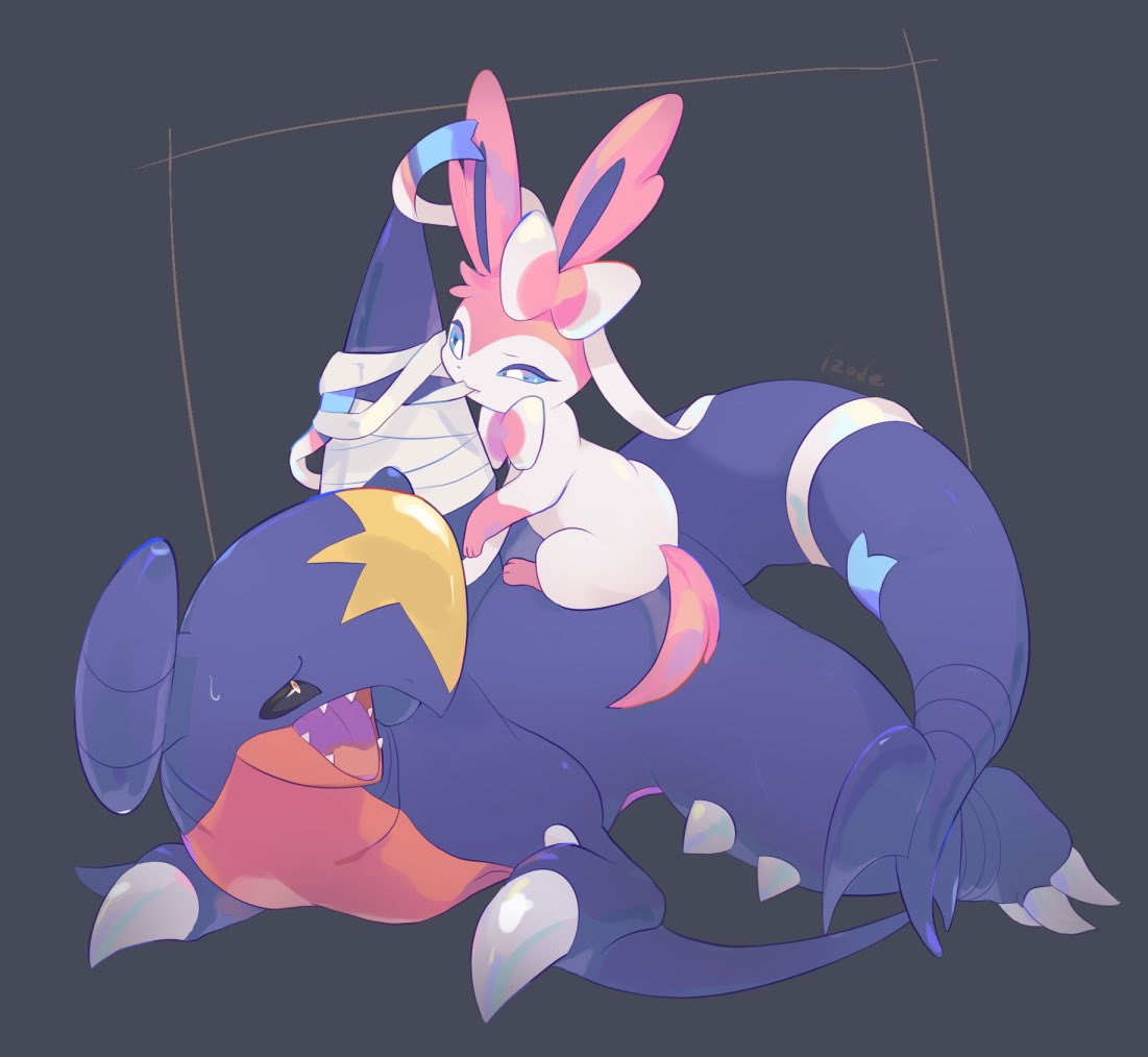 bandages black_sclera blue_eyes claws colored_sclera commentary_request fangs garchomp gen_4_pokemon gen_6_pokemon izobe looking_back mouth_hold no_humans open_mouth pokemon pokemon_(creature) sweatdrop sylveon tongue yellow_eyes