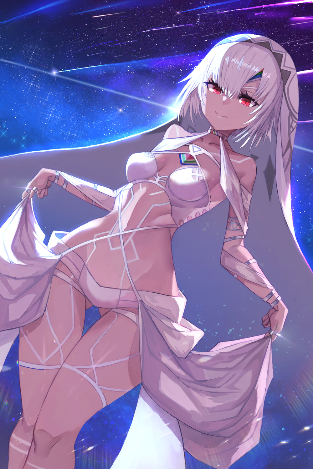 1girl altera_(fate) bangs bare_shoulders blush breasts collarbone dark_skin dark-skinned_female david_lee fate/extella fate/extra fate/grand_order fate_(series) full_body_tattoo highres looking_at_viewer medium_breasts navel red_eyes tattoo thighs veil white_hair