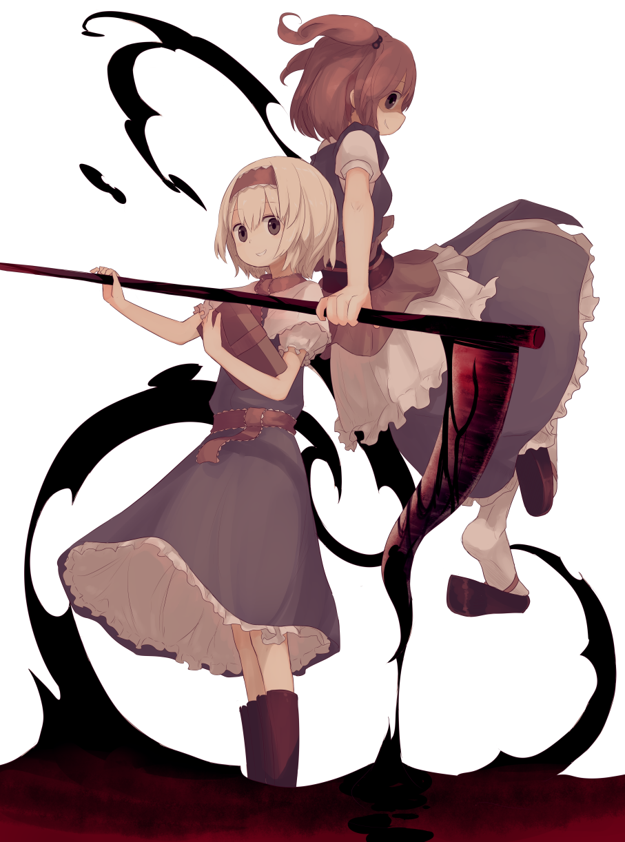 2girls alice_margatroid bangs black_footwear blonde_hair blue_dress blue_kimono book boots brown_eyes brown_footwear brown_sash capelet closed_mouth commentary_request cookie_(touhou) darkness dress frilled_dress frills full_body grin hair_between_eyes hair_bobbles hair_ornament highres hinase_(cookie) holding holding_book holding_scythe japanese_clothes kimono looking_at_viewer looking_back miyako_(naotsugu) multiple_girls onozuka_komachi puffy_short_sleeves puffy_sleeves red_sash redhead sandals sash scythe shaded_face shishou_(cookie) short_hair short_sleeves smile socks touhou two_side_up white_background white_capelet white_legwear