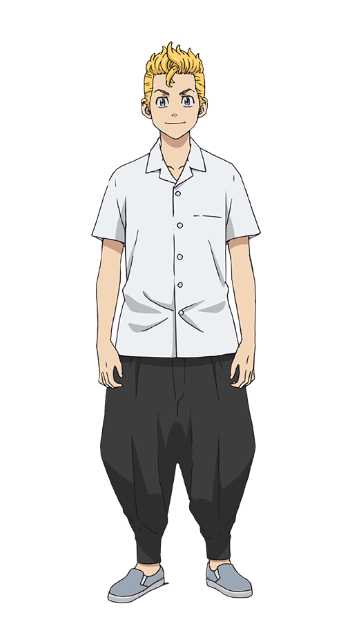 1boy blonde_hair denim full_body grey_eyes hanagaki_takemichi jeans looking_at_viewer official_art pants school_uniform shirt shoes solo straight-on tachi-e tokyo_revengers transparent_background white_shirt younger