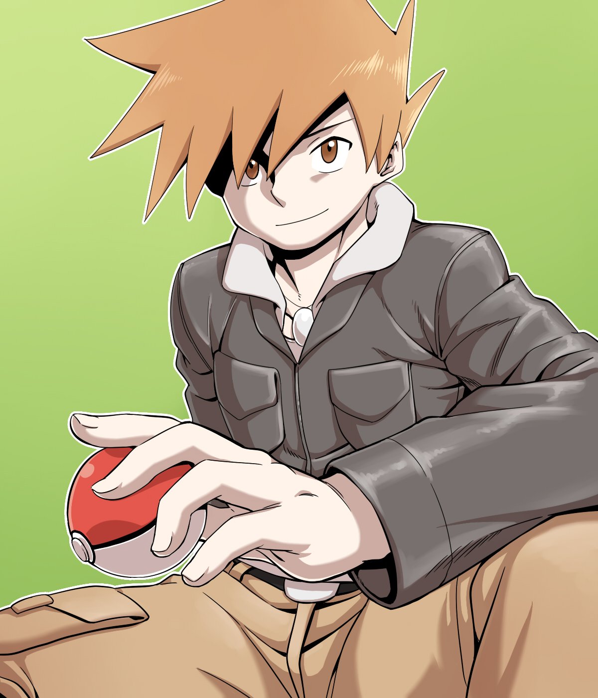 1boy bangs belt belt_buckle blue_oak brown_eyes brown_pants buckle closed_mouth green_background highres holding holding_poke_ball jacket jewelry long_sleeves male_focus necklace nutkingcall orange_hair outline pants poke_ball poke_ball_(basic) pokemon pokemon_(game) pokemon_hgss simple_background smile solo spiky_hair spread_legs