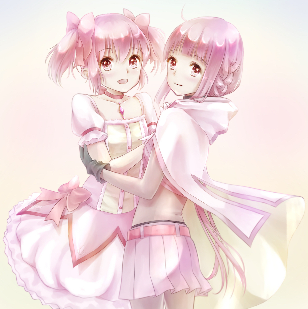 2girls beige_background belt black_gloves bodystocking braid bubble_skirt buttons choker cloak closed_mouth collarbone cowboy_shot eyebrows_visible_through_hair eyelashes flat_chest frilled_sleeves frills gloves hair_ribbon hand_on_another's_arm hand_on_another's_chest happy hood hood_down kaname_madoka light_blush light_smile long_hair looking_at_viewer looking_back magia_record:_mahou_shoujo_madoka_magica_gaiden mahou_shoujo_madoka_magica multiple_girls open_mouth pink_belt pink_eyes pink_hair pink_ribbon pink_skirt pink_theme pleated_skirt puffy_short_sleeves puffy_sleeves ribbon ribbon_choker riri_(ririwaldorf) short_sleeves side-by-side simple_background skirt smile soul_gem tamaki_iroha tareme twintails very_long_hair white_cloak white_skirt