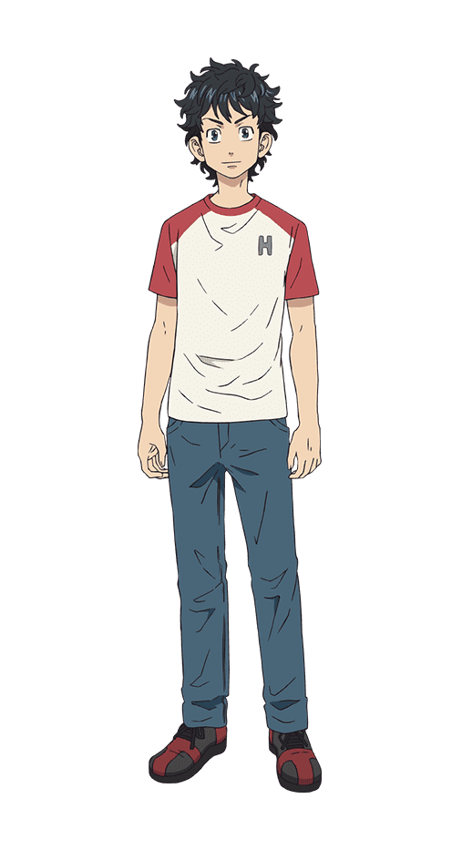 1boy black_hair blue_eyes denim full_body hanagaki_takemichi jeans looking_at_viewer messy_hair official_art pants raglan_sleeves shirt shoes sneakers solo straight-on t-shirt tachi-e tokyo_revengers transparent_background