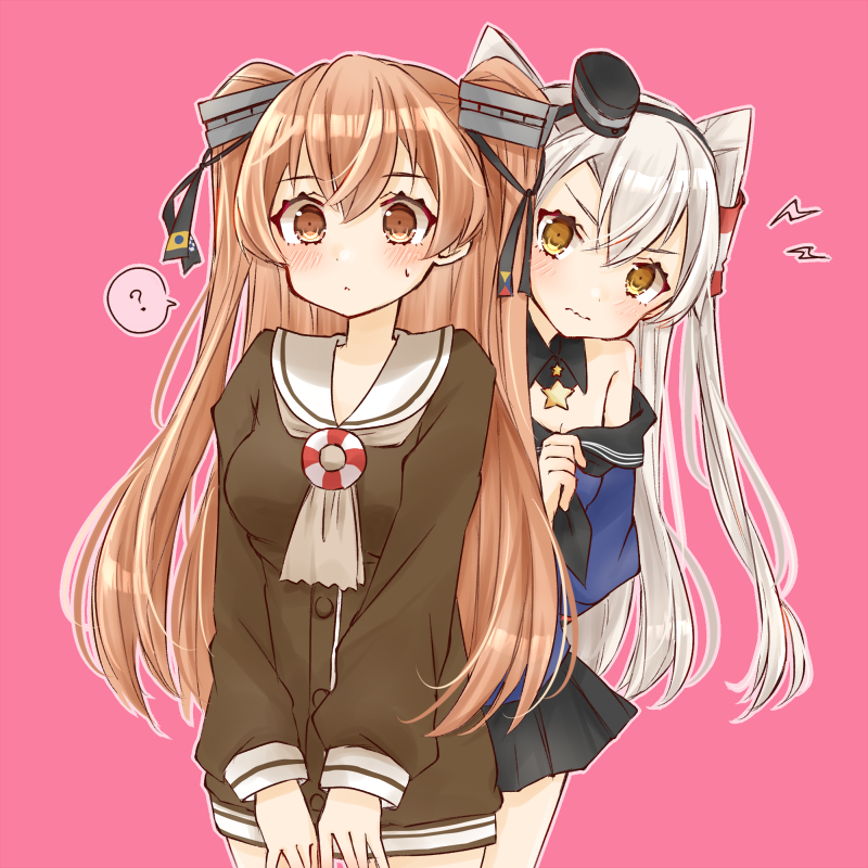 2girls ? amatsukaze_(kancolle) amatsukaze_(kancolle)_(cosplay) black_skirt blue_shirt brown_dress brown_eyes cocoperino cosplay costume_switch cowboy_shot detached_collar dress grey_neckwear hair_tubes hat johnston_(kancolle) johnston_(kancolle)_(cosplay) kantai_collection lifebuoy_ornament light_brown_hair long_hair mini_hat multiple_girls neckerchief off_shoulder pink_background pleated_skirt sailor_collar sailor_dress school_uniform serafuku shirt short_dress silver_hair skirt smokestack_hair_ornament spoken_question_mark two_side_up white_sailor_collar windsock