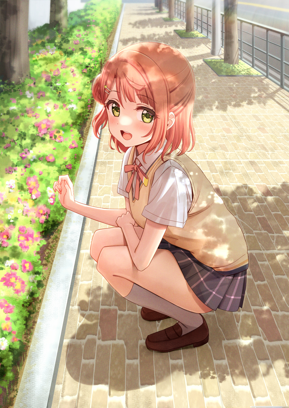 1girl bangs blush brown_footwear deadnooodles eyebrows_visible_through_hair flower from_side green_eyes hair_bun hair_ornament hairclip hand_up highres loafers looking_at_viewer love_live! love_live!_nijigasaki_high_school_idol_club miniskirt neck_ribbon open_mouth outdoors pink_flower pink_ribbon pleated_skirt ribbon school_uniform shirt shoes short_sleeves skirt smile solo squatting sweater_vest uehara_ayumu yellow_ribbon