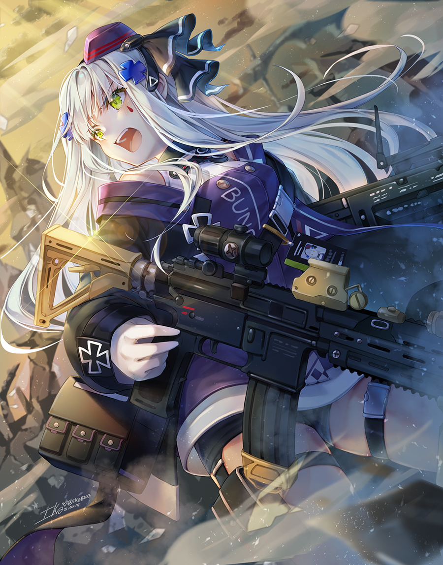 1girl acog artist_name assault_rifle commentary_request dual_wielding german_text girls_frontline gloves green_eyes grenade_launcher gun h&amp;k_hk416 hat hk416_(girls_frontline) holding ika_(4801055) iron_cross long_hair mod3_(girls_frontline) partial_commentary rifle scope signature silver_hair solo teardrop_facial_mark weapon