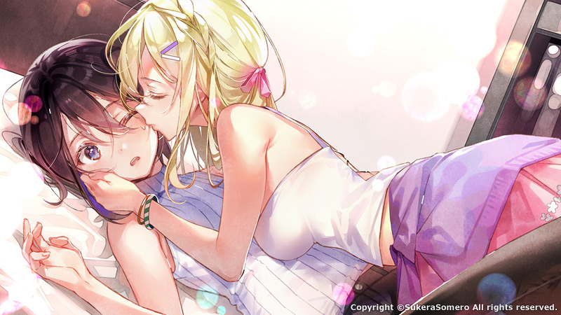 2girls bare_arms bare_shoulders bed black_hair blonde_hair blue_eyes bracelet camisole cheek_kiss closed_eyes clothes_around_waist copyright dsmile dutch_angle eyebrows_visible_through_hair furutachi_ren girl_on_top hair_ornament hair_ribbon hand_on_another's_face hayahoshi_akuru jewelry kiss lens_flare long_hair medium_hair multiple_girls official_art on_bed one_eye_closed oshi_no_love_yori_koi_no_love pink_ribbon pink_skirt purple_sweater ribbed_sweater ribbon skirt sleeveless_sweater sweat sweater sweater_around_waist white_camisole white_sweater yuri