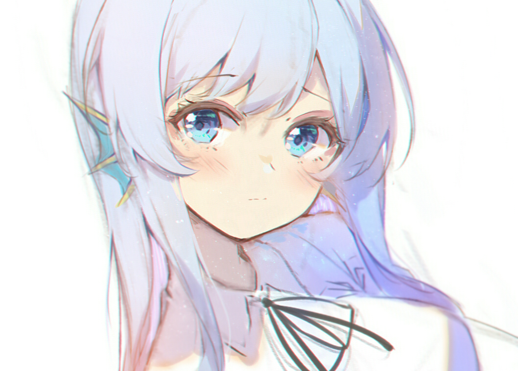 1girl alister bangs blue_hair blush breasts chinese_commentary collared_shirt doris_(hololive) eyebrows_visible_through_hair head_fins head_tilt hololive hololive_china looking_at_viewer medium_breasts shirt solo upper_body virtual_youtuber white_background white_shirt