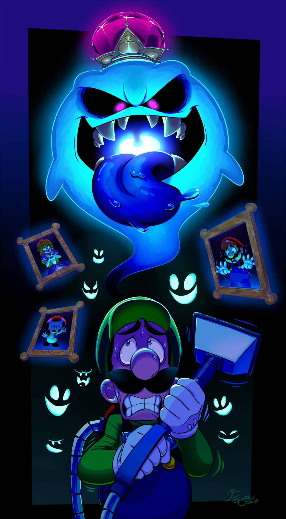 1girl 3boys black_eyes blue_tongue colored_tongue crown diamond_(gemstone) earthgwee evil_eyes evil_smile floating floating_object ghost glowing glowing_eyes highres king_boo luigi luigi's_mansion mario multiple_boys picture_frame poltergust_3000 princess_peach scared smile toad vacuum_cleaner