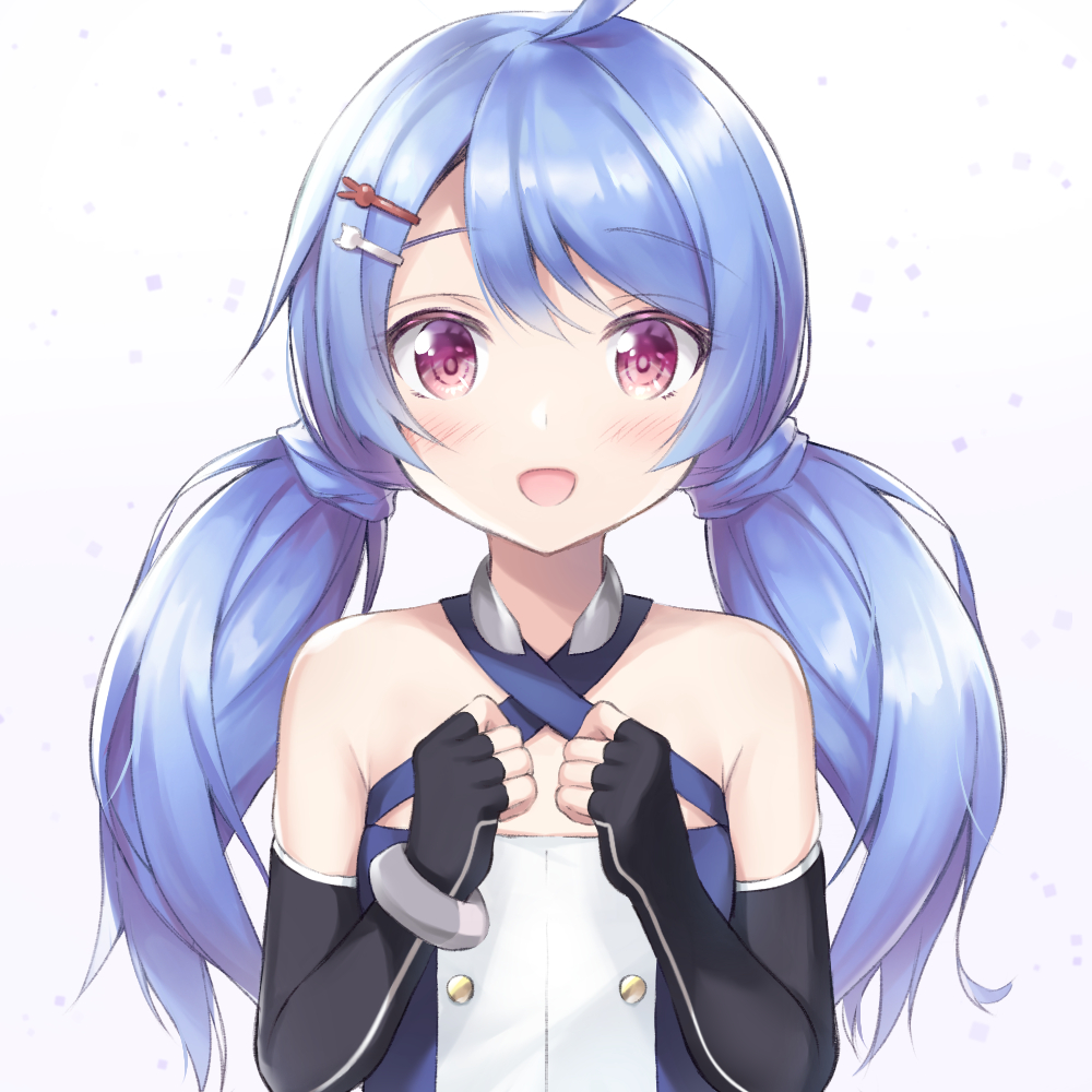 1girl :d ahoge azur_lane bangs bare_shoulders black_gloves blue_hair bracelet clenched_hands commentary_request elbow_gloves eyebrows_visible_through_hair fingerless_gloves gloves hair_ornament hairclip jewelry kyousaki_nao lena_(azur_lane) long_hair looking_at_viewer low_twintails open_mouth sidelocks simple_background smile solo twintails violet_eyes white_background