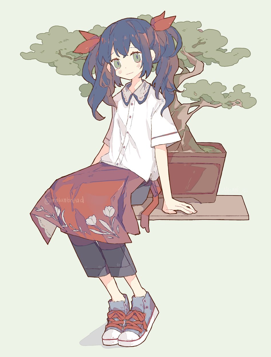 1girl apron black_hair bonsai buttons green_eyes high_tops highres looking_at_viewer medium_hair melanbread original pants red_apron shirt shoes short_sleeves sneakers solo tree twintails white_background white_shirt