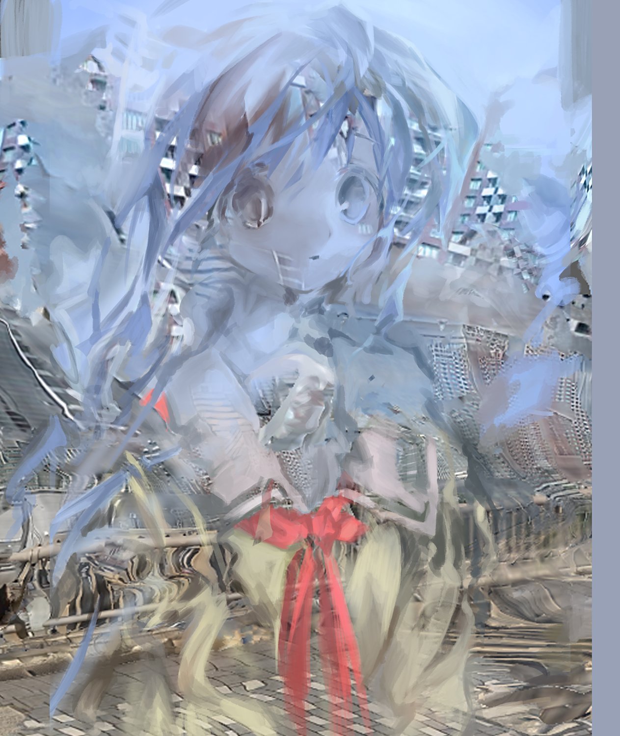 1girl blue_sky building distortion highres joucho_(jyoucyo) original outdoors parted_lips red_neckwear sky solo surreal upper_body