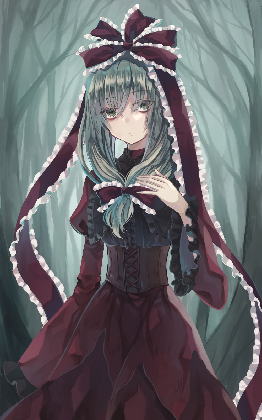 1girl bags_under_eyes bangs bow corset dress eyebrows_visible_through_hair eyes_visible_through_hair frilled_bow frilled_ribbon frilled_sleeves frills front_ponytail green_eyes green_hair hand_on_own_chest highres juliet_sleeves kagiyama_hina long_sleeves looking_at_viewer low_ponytail miyakure puffy_sleeves red_bow red_dress red_ribbon ribbon solo touhou tree underbust wide_sleeves